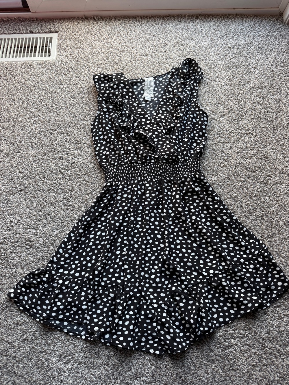 Sadie & Sage Black with white polka dot dress with ruffles, size S